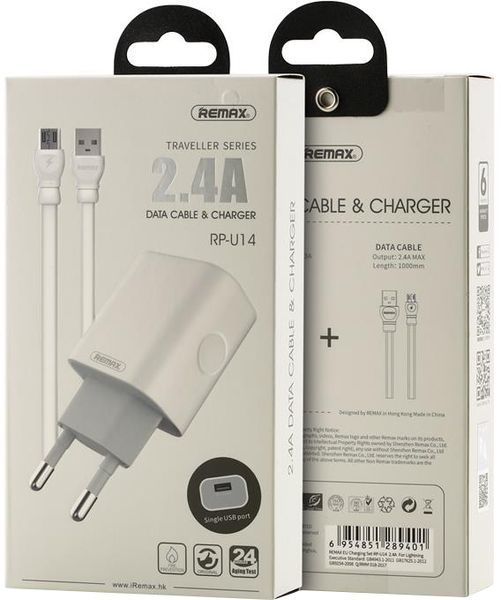 Мережевий зарядний пристрій Remax RP-U14m Traveller 2.4A 1 USB плюс кабель microUSB 220V EU білий 6954851289418 фото