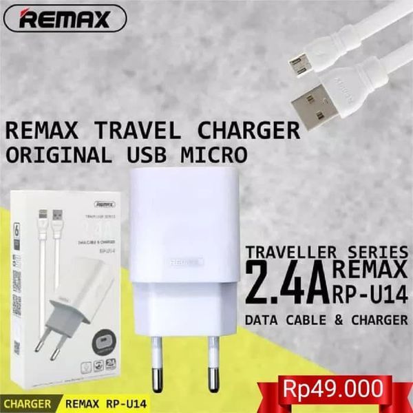 Мережевий зарядний пристрій Remax RP-U14m Traveller 2.4A 1 USB плюс кабель microUSB 220V EU білий 6954851289418 фото