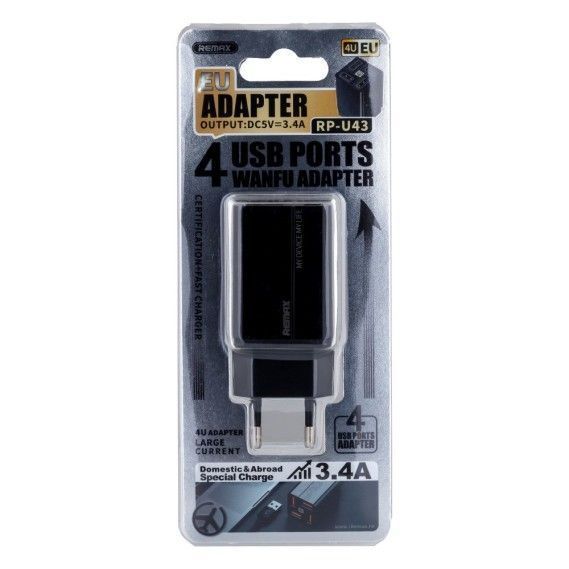 Мережевий зарядний пристрій Remax RP-U43 Wanfu 3.4A 4USB EU чорний 6972174153667 фото
