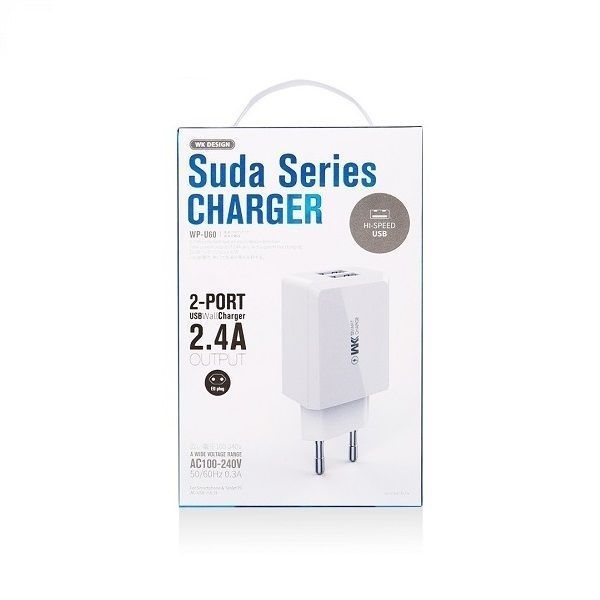 Мережевий зарядний пристрій WK WP-U60i Suda 2.4A 2USB плюс кабель Lightning 220V EU білий 6941027604892 фото