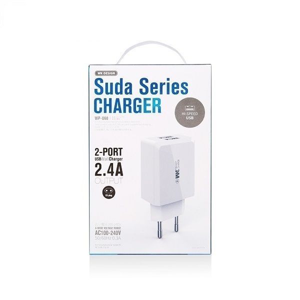 Мережевий зарядний пристрій WK WP-U60m Suda 2.4A 2USB плюс кабель microUSB 220V EU білий 6941027604908 фото