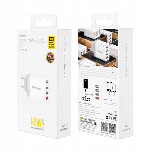 Мережевий зарядний пристрій WK WP-U125 QC3.0 18W EU 4USB білий 6941027616512 фото