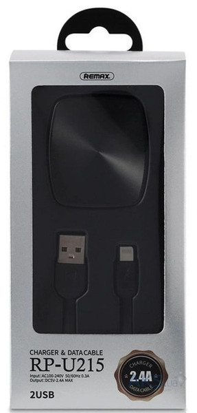 Мережевий зарядний пристрій Remax RP-U215i 2.4A 2 USB плюс кабель Lightning 220V EU чорний 6954851289623 фото