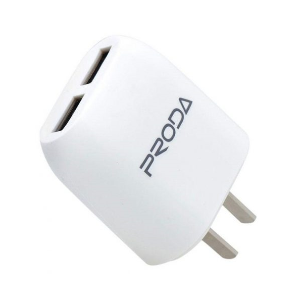 Мережевий зарядний пристрій Proda RP-U21 Flat 2.1A 2USB 220V вилка Тип А білий плюс перехідник євровилка (EU) 2000700012554 фото