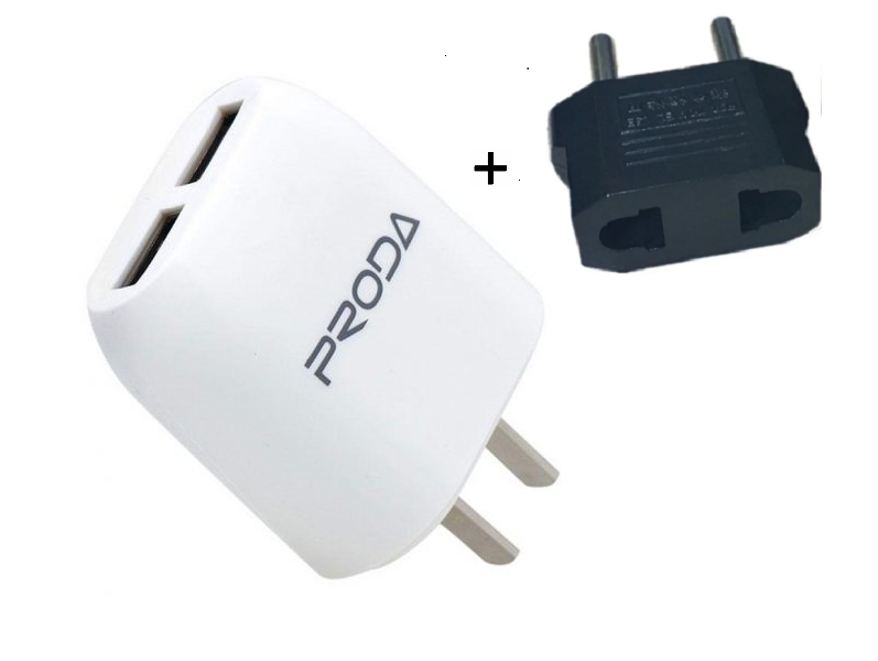 Мережевий зарядний пристрій Proda RP-U21 Flat 2.1A 2USB 220V вилка Тип А білий плюс перехідник євровилка (EU) 2000700012554 фото