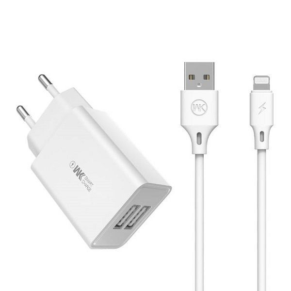 Мережевий зарядний пристрій WK WP-U56i 2 USB 2 A плюс кабель Lightning 1м білий EU 6941027611890 фото