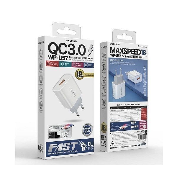 Мережевий зарядний пристрій WK WP-U57 плюс кабель microUSB 1 м QC3.0 18W білий 6941027613658 фото