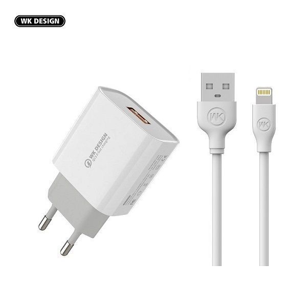 Мережевий зарядний пристрій WK WP-U57 плюс кабель Lightning 1 м QC3.0 18W білий 6941027613641 фото
