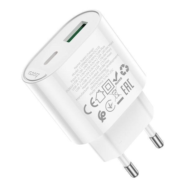 Мережевий Зарядний Пристрій Hoco C109A 1USB-C/1USB PD/QC 20W бiлий 6942007656719 фото