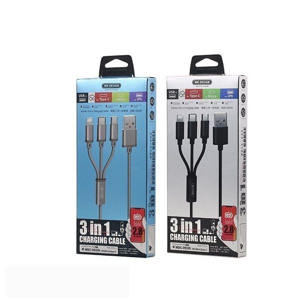 Кабель WK WDC-091th 3-в-1 Type-C Lightning MicroUSB USB 2.8А 1.15м чорний 6941027606490 фото