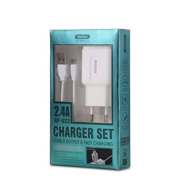 Мережевий зарядний пристрій Remax RP-U22m 2.4A 2 USB плюс кабель microUSB 220V EU білий 6954851298281 фото
